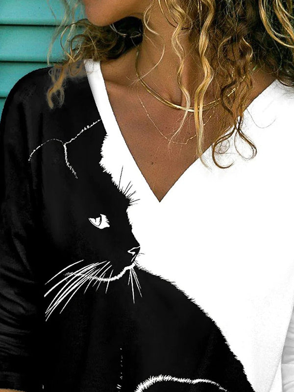 Comfysol Black-white Casual Graphic Tops V-neck Long Sleeve Black Cat Printed Blouse