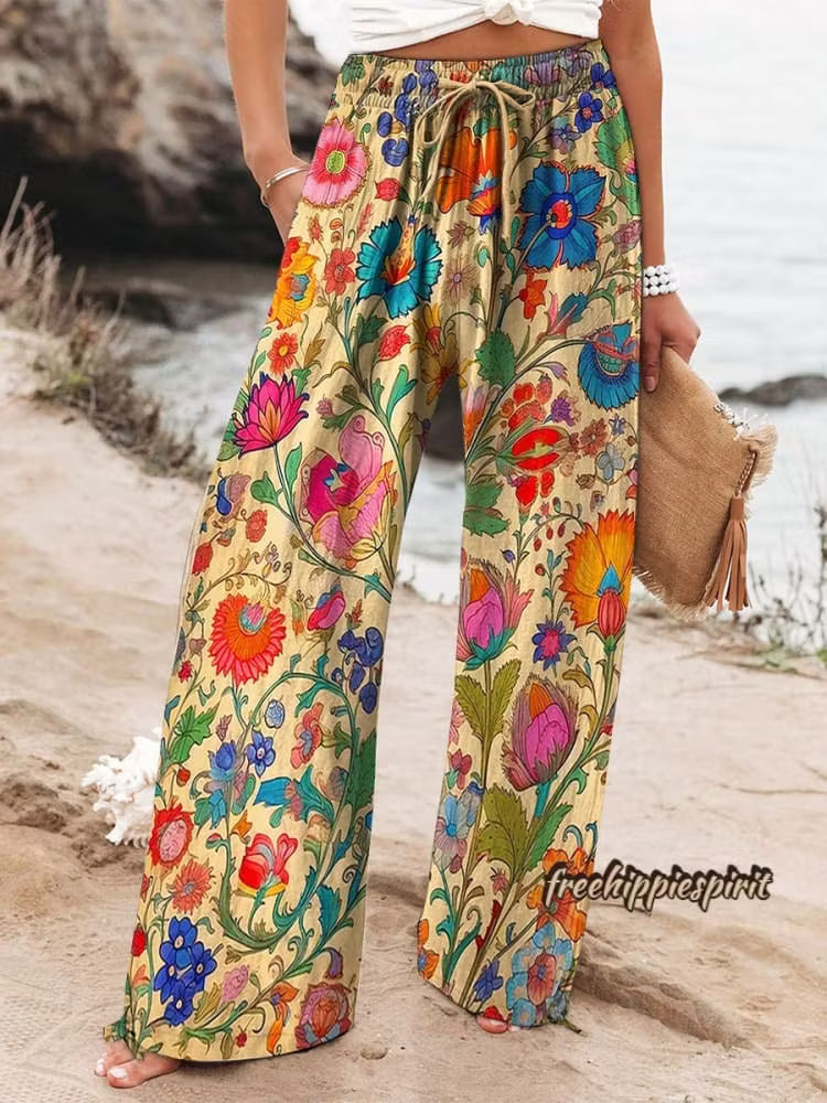 Women's Retro Indian Folk Floral Art Print Cotton Linen Casual Pants