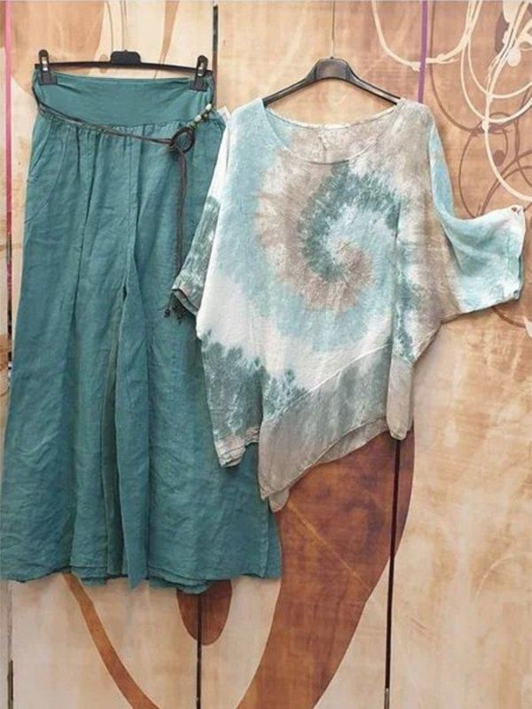 Comfysol Green Casual Round Neck Printed Short Sleeve Outfit Sets