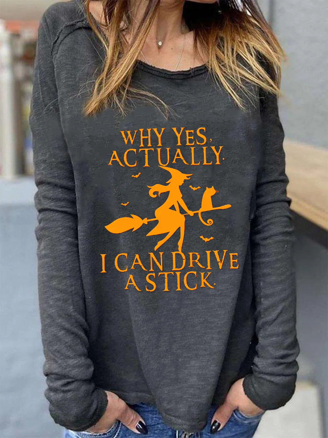 Comfysol Deep Gray Casual Round Neck Printed Long Sleeve Sweatshirts