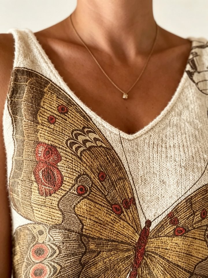 Women's Retro Butterfly Art Print Casual Sleeveless V-neck Wool Blend Knit Top