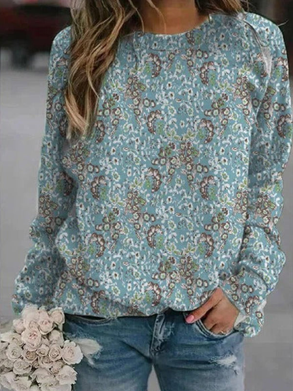 Comfysol Multicolor Casual Graphic Tops Round Neck Long Sleeve Floral Printed Sweatshirts