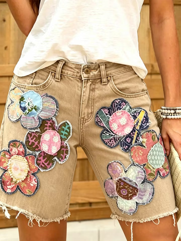 Women Ethnic Floral Print Denim Shorts