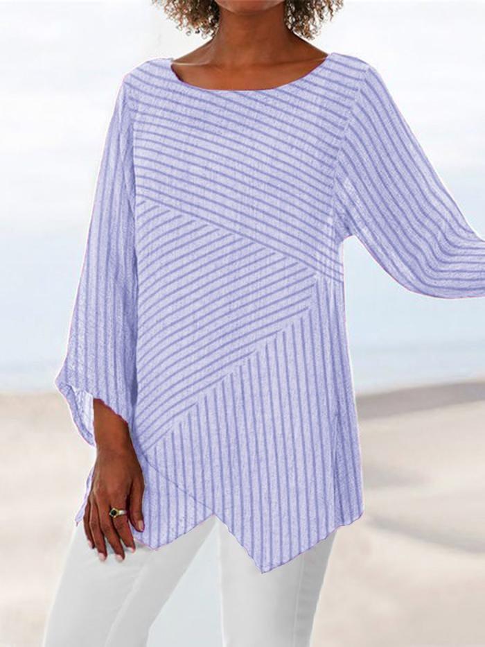 Comfysol Crew Neck Long Sleeve Paneled Vacation Blouse