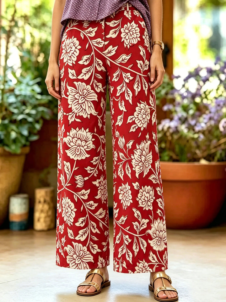 Spring Fall Red Floral Print Trousers