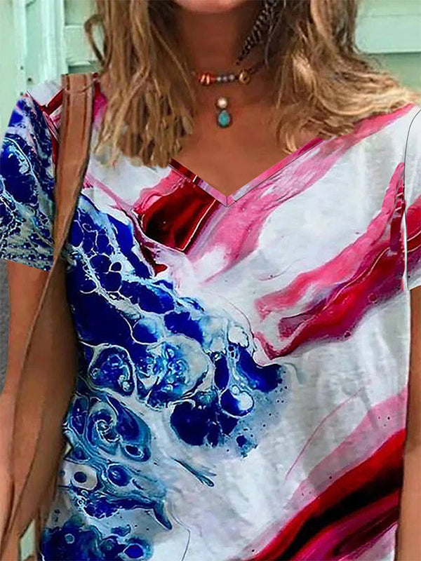 Comfysol Casual V-neck Short Sleeve Abstract Printed Blouse
