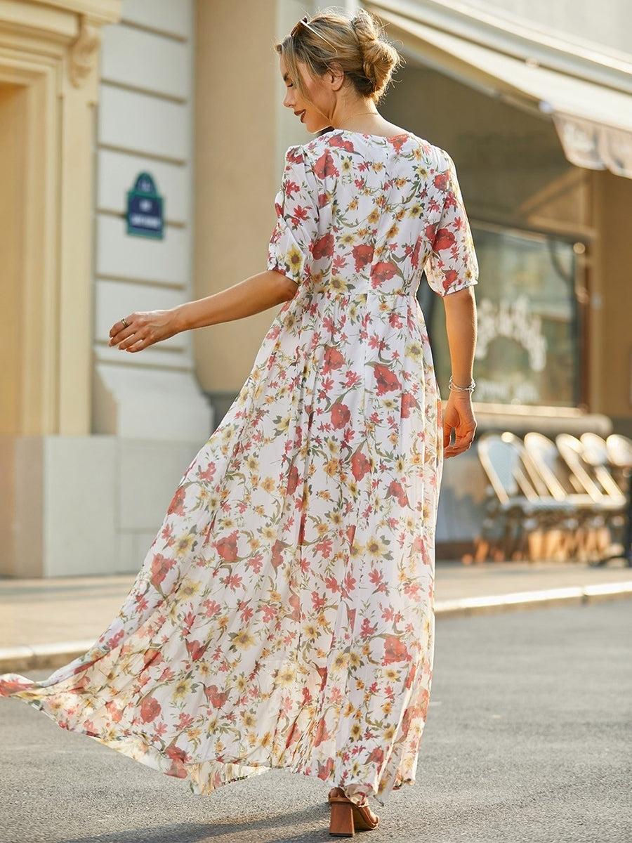Comfysol Round Neck Half Sleeve Chiffon Floral Maxi Dress