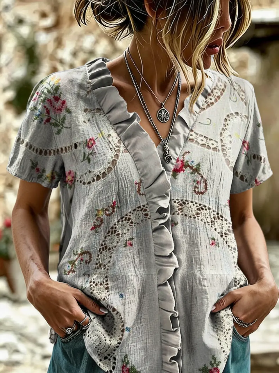 Women's Lace Rose Art Print Ruffled V-Neck Short-Sleeve Top