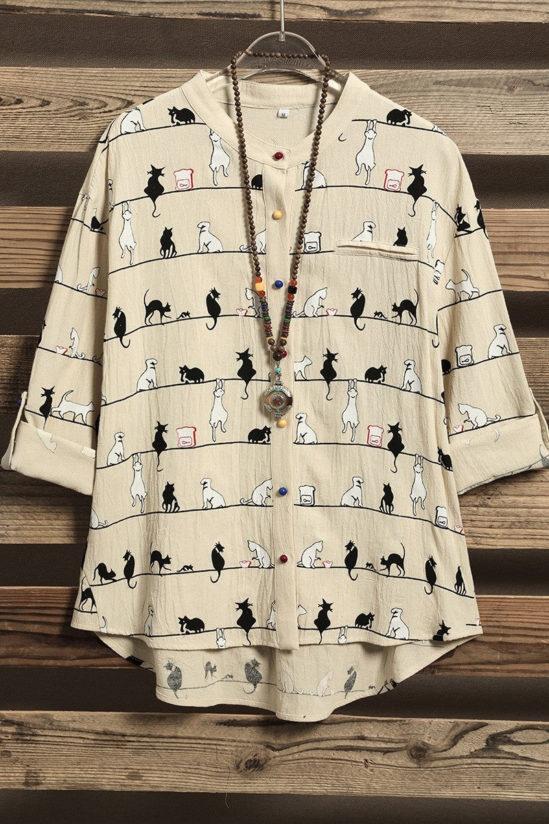 Comfysol Women's Stand Collar Casual Summer 3/4 Sleeve Cat Print Shirt