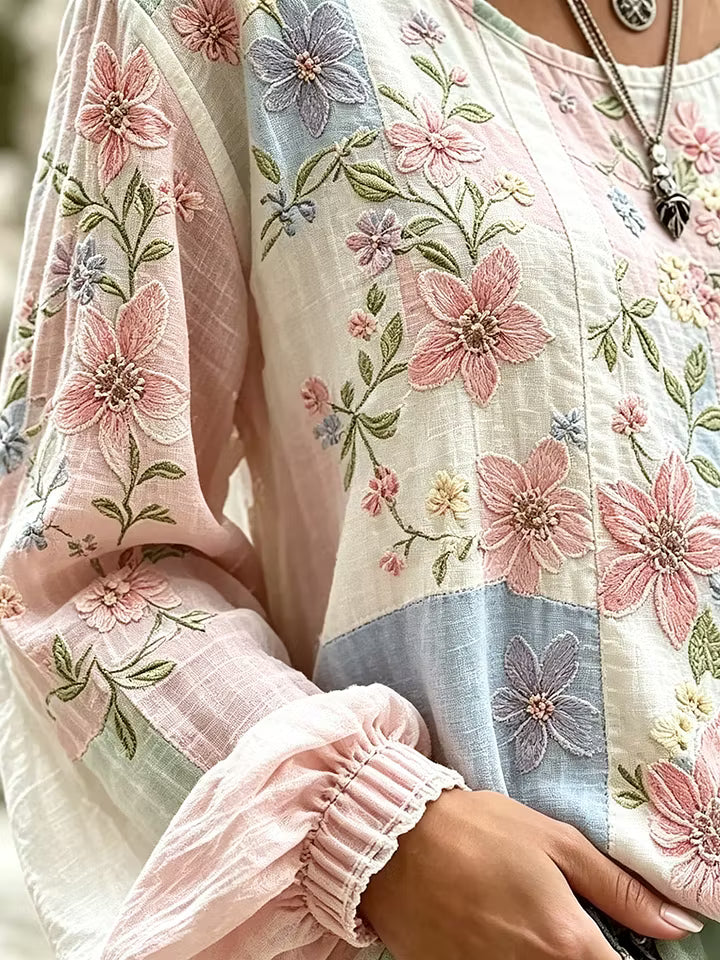 Women's Floral Patchwork Print Cotton Puff Sleeve Top