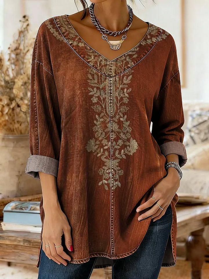 Ethnicity Flowers Totem Women's Art Print Casual Washed Denim Cotton Top