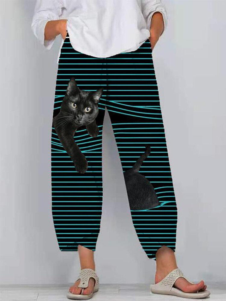 Comfysol Cat Print Striped Patchwork Elastic Waist Casual Pants