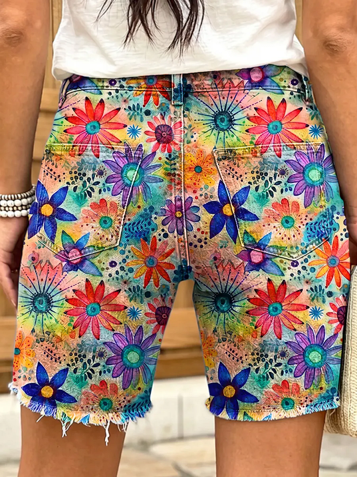 Ethnic Style Colorful Floral Gradient Print Women's Casual Denim Shorts