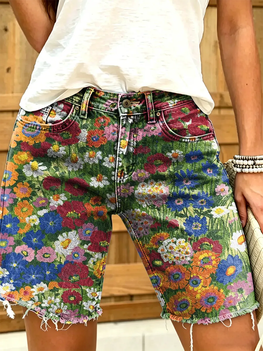 Ethnic Bohemian Colorful Floral Art Print Casual Denim Shorts