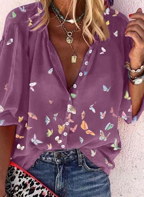 Comfysol Butterflies Casual V-Neck Half Sleeve Blouse