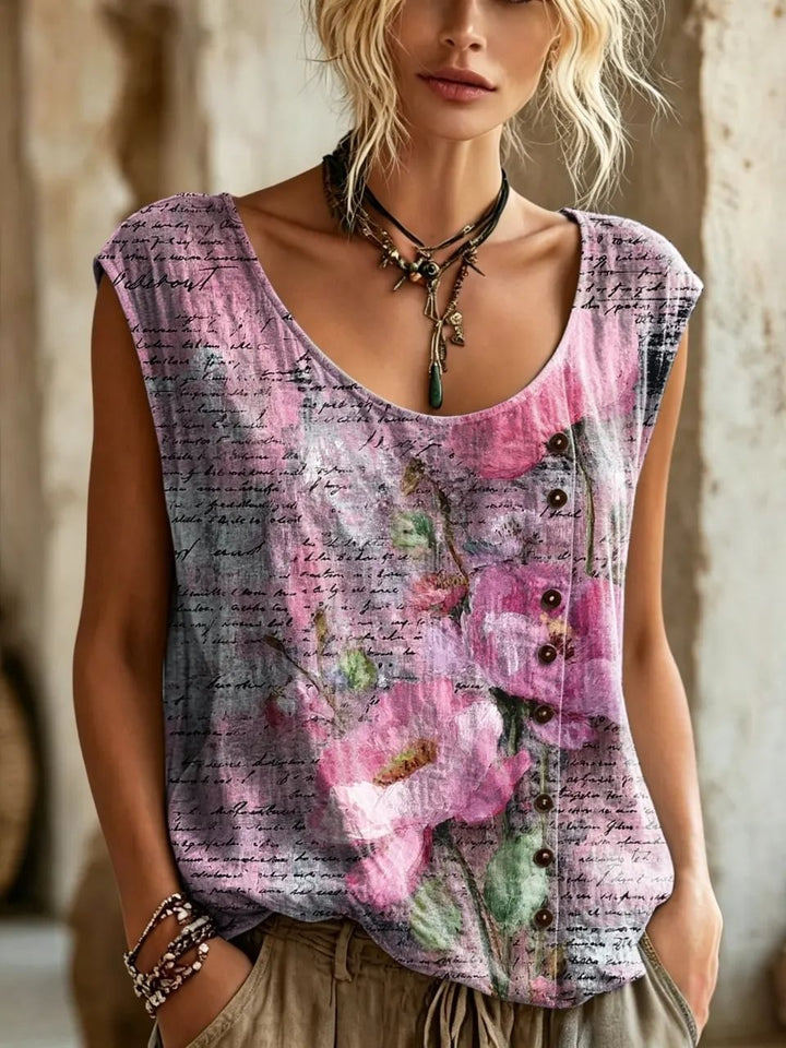 Women's Vintage Script Text Floral Print Button Detail Sleeveless Top