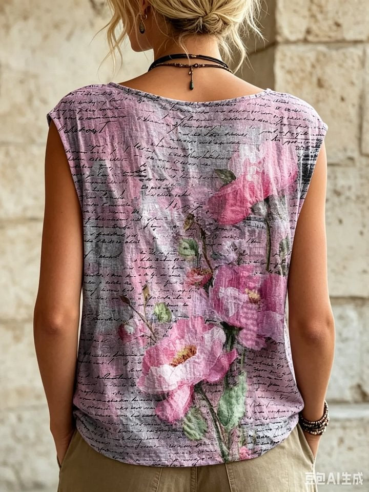 Women's Vintage Script Text Floral Print Button Detail Sleeveless Top