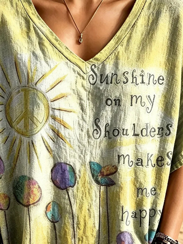 Women's Sun & Quote Art Print Cotton V-Neck Loose Top