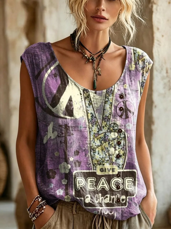 Women's Vintage Peace Sign Text Print Button Detail Sleeveless Top