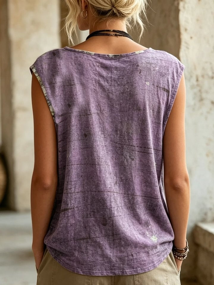 Women's Vintage Peace Sign Text Print Button Detail Sleeveless Top