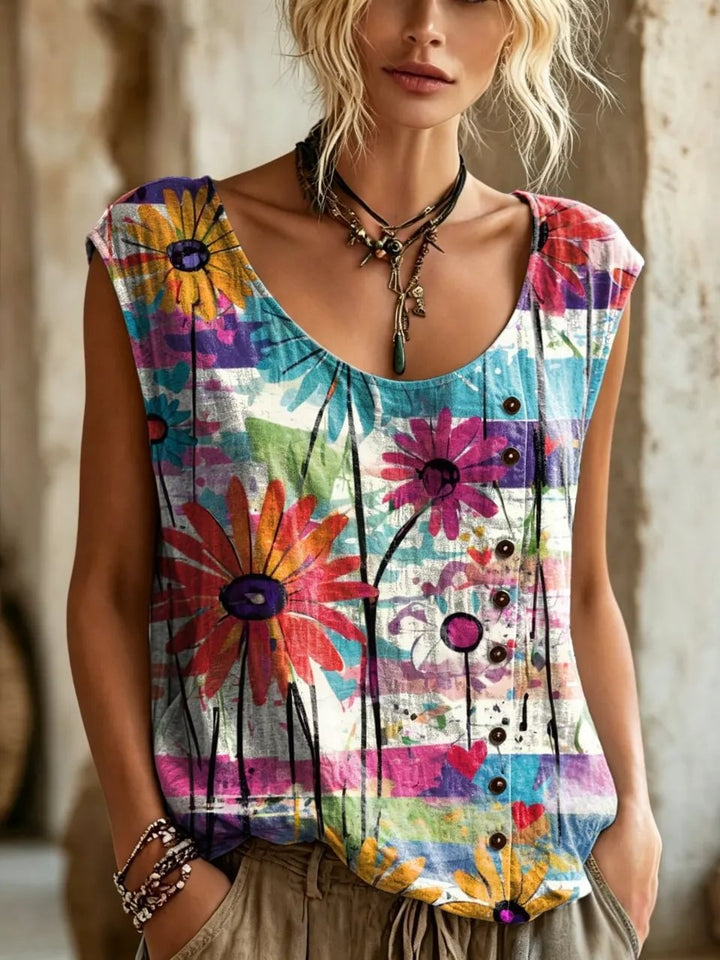 Women's Vintage Daisy Floral Print Button Detail Sleeveless Top