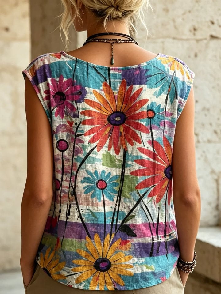 Women's Vintage Daisy Floral Print Button Detail Sleeveless Top