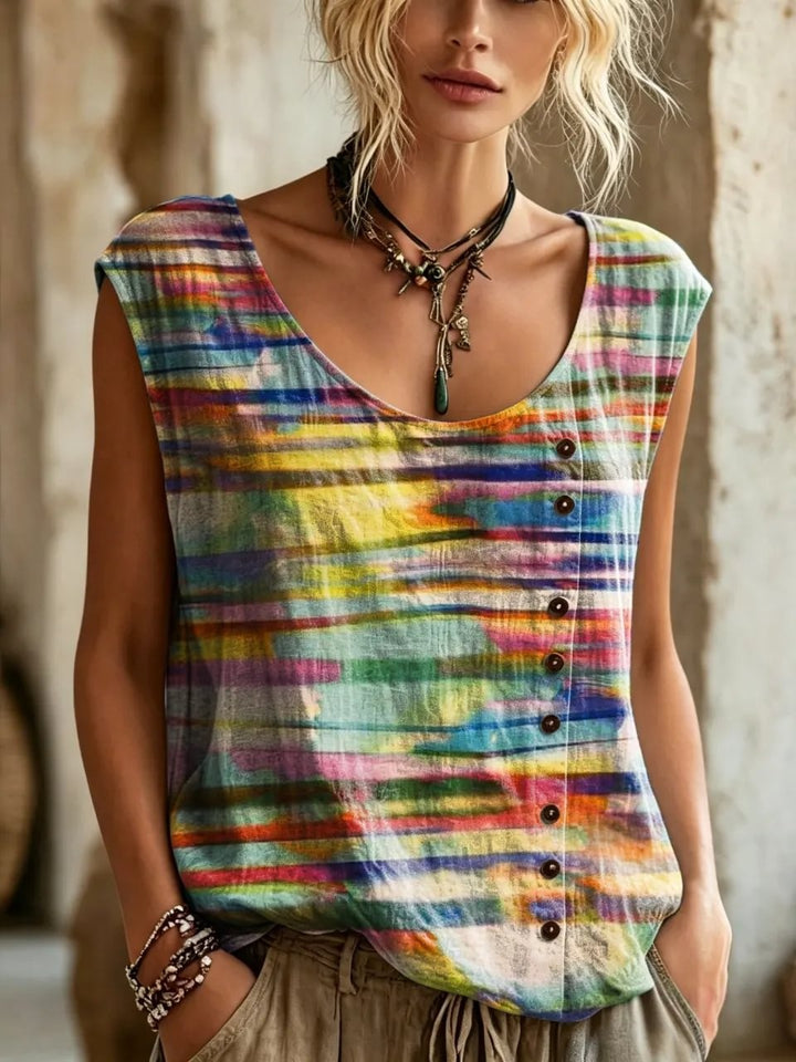 Women's Rainbow Gradient Stripe Print Button Detail Sleeveless Top