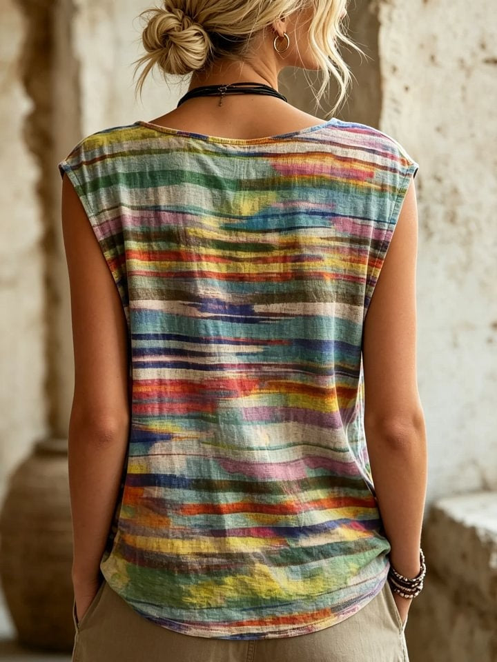 Women's Rainbow Gradient Stripe Print Button Detail Sleeveless Top