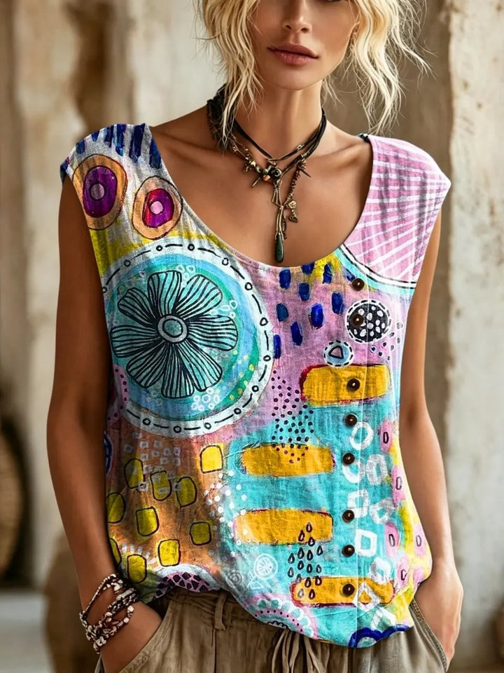 Women's Abstract Geometric Floral Print Button Detail Sleeveless Top