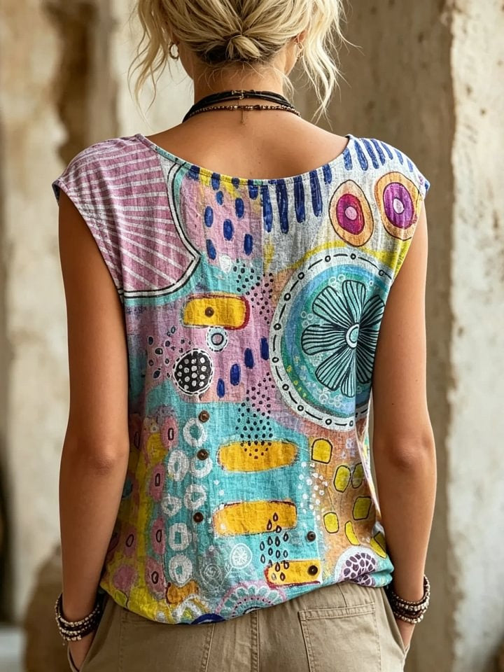 Women's Abstract Geometric Floral Print Button Detail Sleeveless Top
