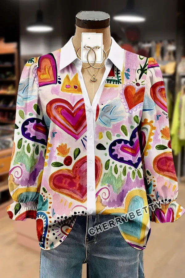 Colorful Heart Print Collared Puff Sleeve Valentine's Day Top