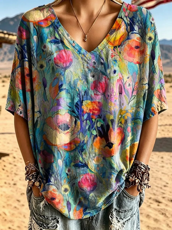 Women's Wildflower Watercolor Print Cotton V-Neck Loose Top