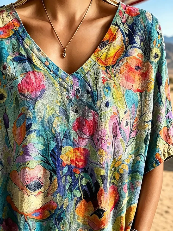Women's Wildflower Watercolor Print Cotton V-Neck Loose Top
