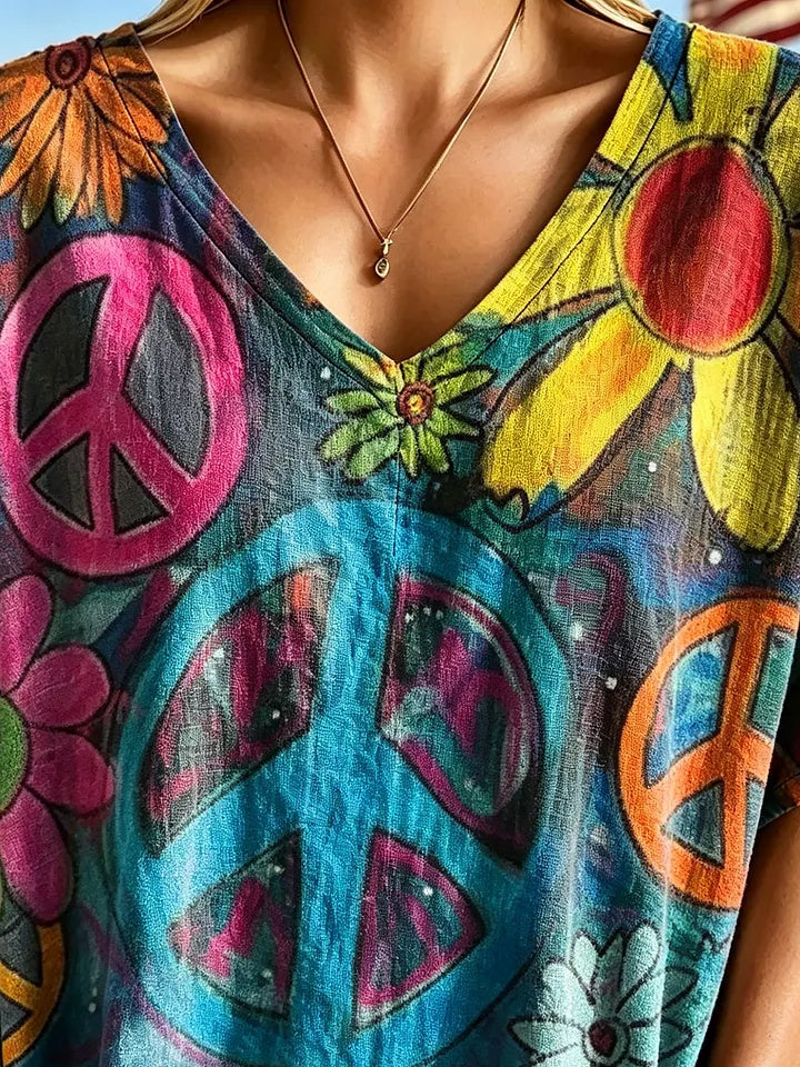 Women's Peace Sign & Floral Graffiti Print Cotton V-Neck Loose Top