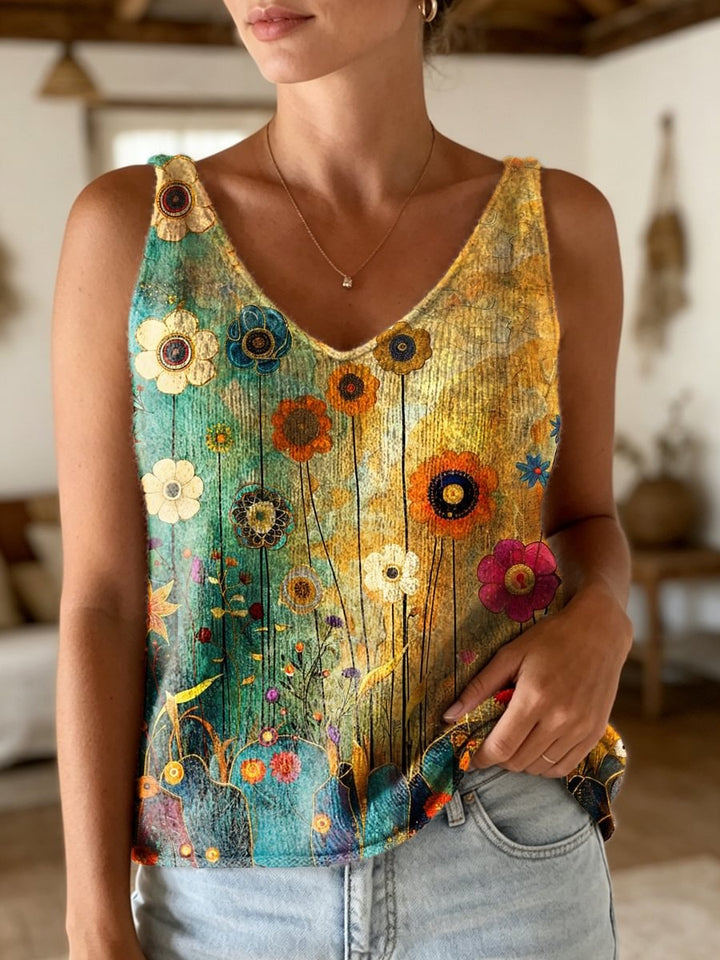 Women's Colorful Floral Art Print Casual Sleeveless V-neck Wool Blend Knit Top