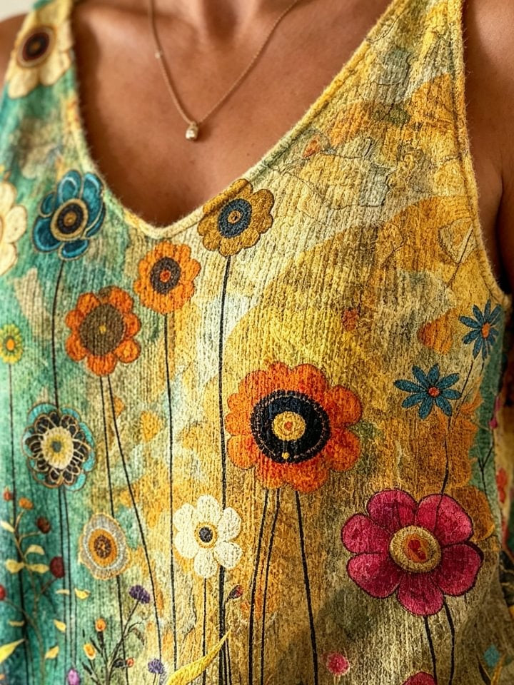 Women's Colorful Floral Art Print Casual Sleeveless V-neck Wool Blend Knit Top