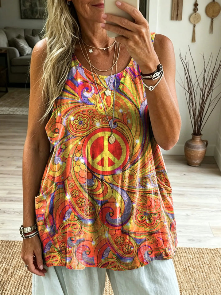 Women's Psychedelic Paisley Peace Sign Print Loose Tank Top