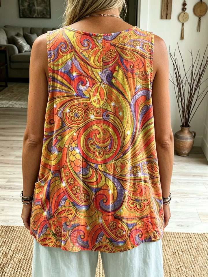 Women's Psychedelic Paisley Peace Sign Print Loose Tank Top