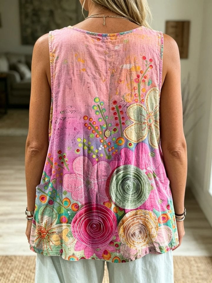 Women's Watercolor Abstract Floral Gradient Print Casual Tank Top