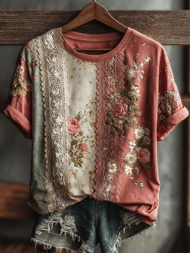 Women's Retro Floral Art Print Casual T-Shirt