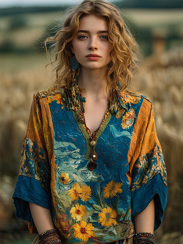 Women's Floral Oil Painting Print V Neck T-Shirt