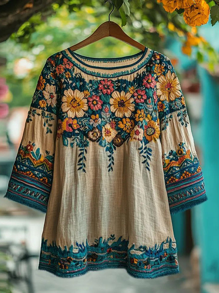 Women's Colorful Floral Boho Art Print Casual T-Shirt