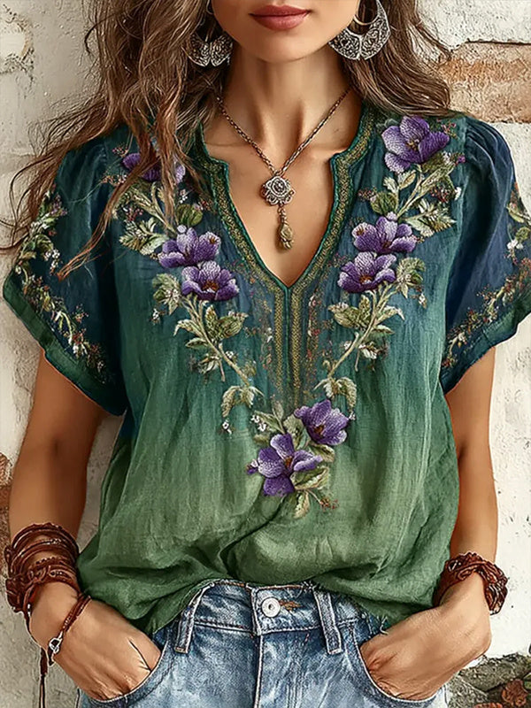 Women's Floral Vines Ombre Printed Casual V Neck T-Shirt