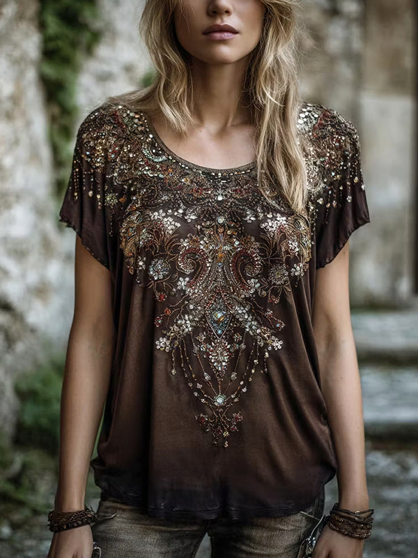 Women's Boho Style Ethnic Beads Pattern Print Casual T-Shirt