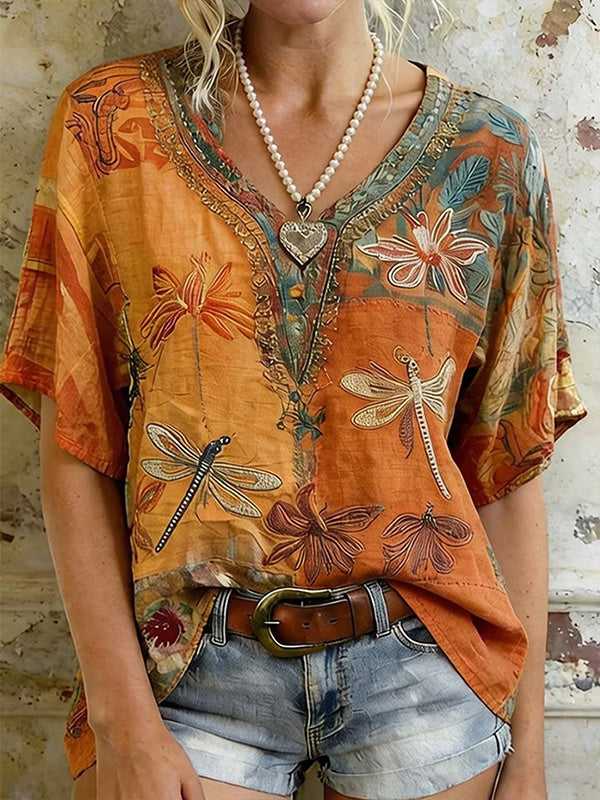 Women's Boho Dragonfly Floral Vintage Patchwork Print Casual V Neck T-Shirt
