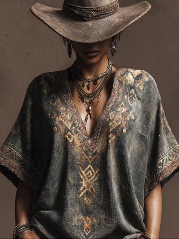 Women's Western Boho Ethnic Art Print Casual V Neck T-Shirt