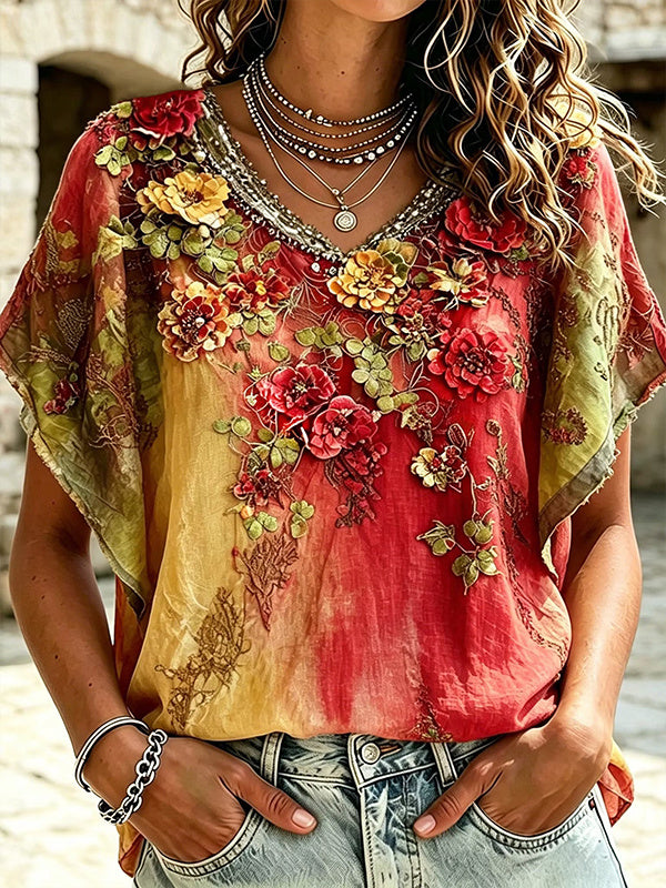 Women's 3D Floral Applique Tie‑Dye Print Gradient Casual V Neck T-Shirt