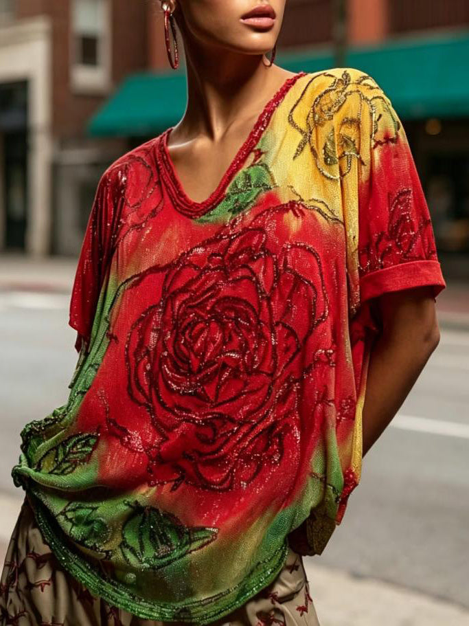 Women's Retro Tie Dye Flowers Print V Neck Short Sleeve T-Shirt