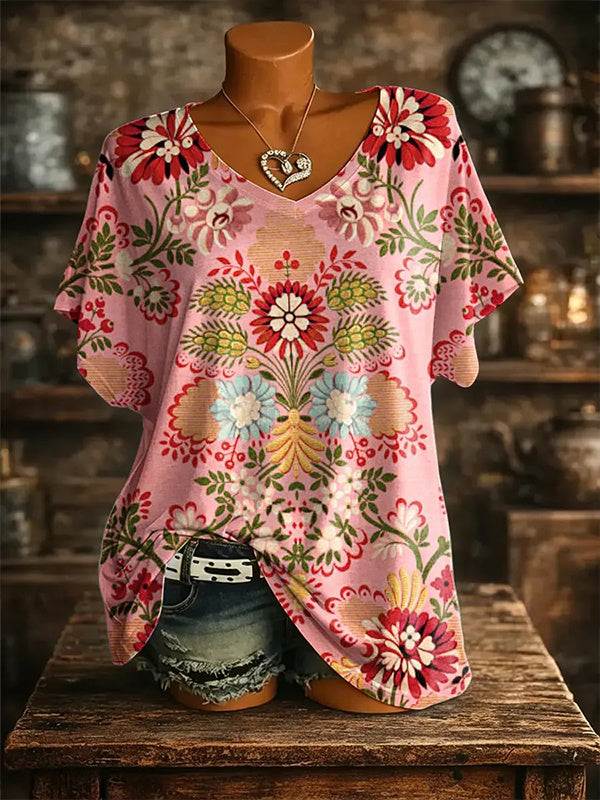 Women's Boho Floral Art Print Casual V Neck T-Shirt