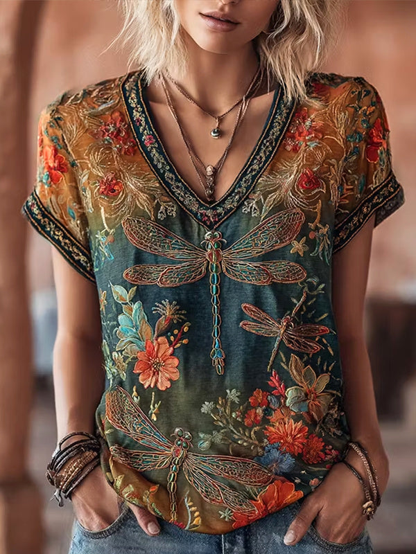 Women's Boho Dragonflies And Flowers Art Print V Neck Short Sleeve T-Shirt